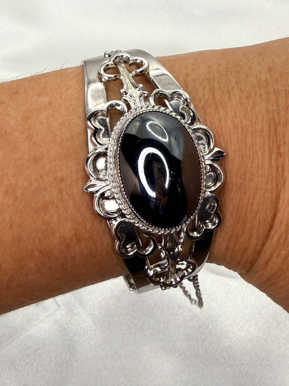Whiting & Davis Vintage Hematite Cabochon Cuff Bracelet